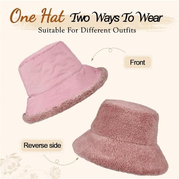 Women\'s Fuzzy Bucket Hat Wide Brim Faux Fur Winter Warm Hat, Pink